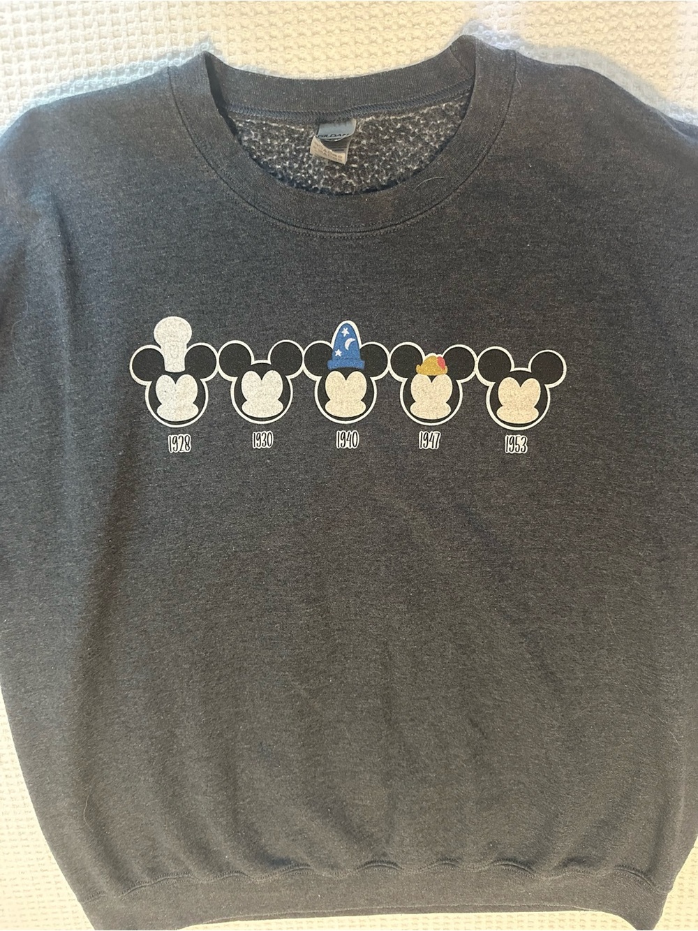 Gildan Charcoal Sweatshirt XL with Mickey Through the Years